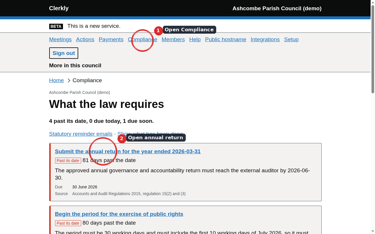 The annual return workspace with governance assertions and evidence beside each one.