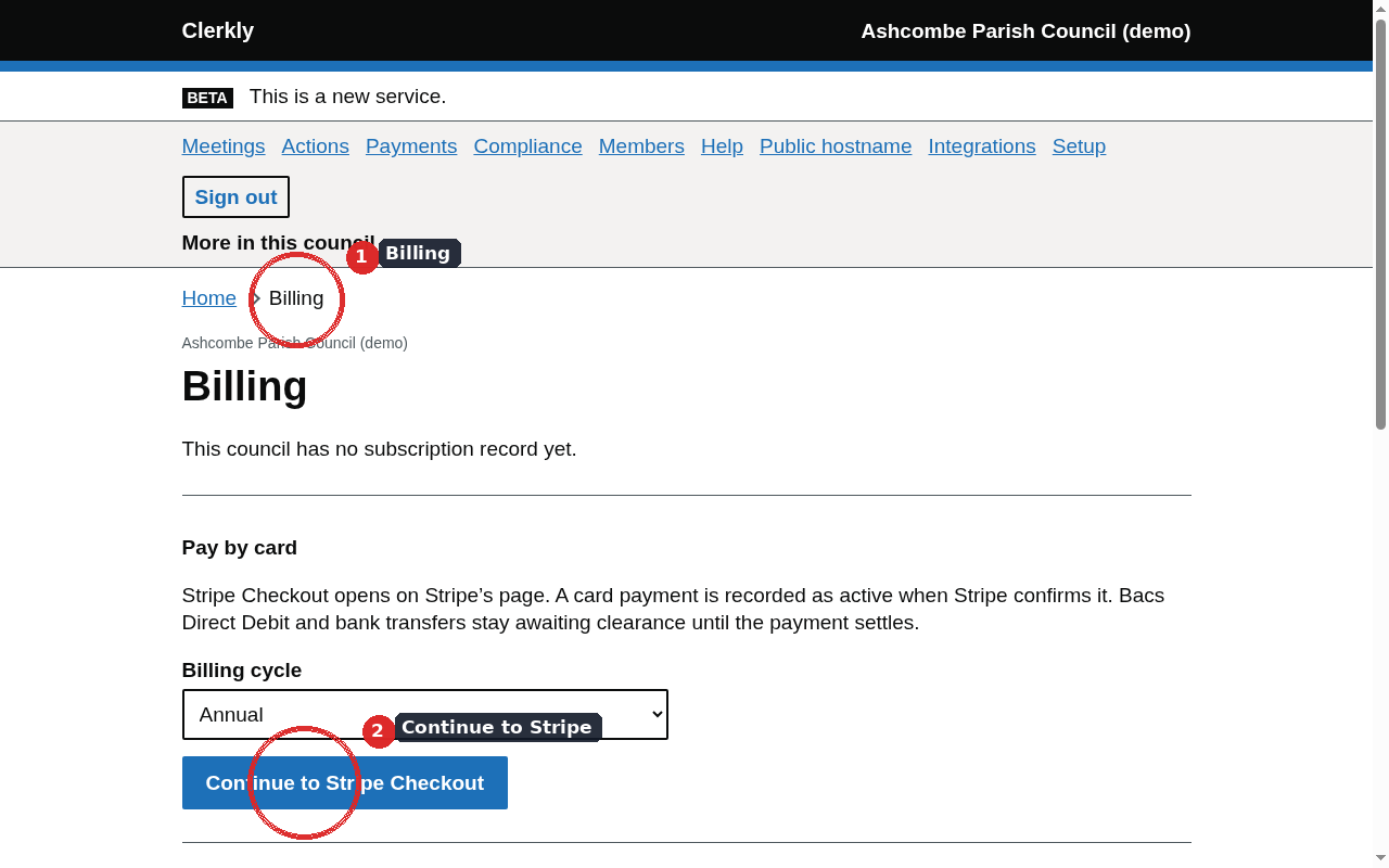 The billing page showing the council subscription and the available actions.