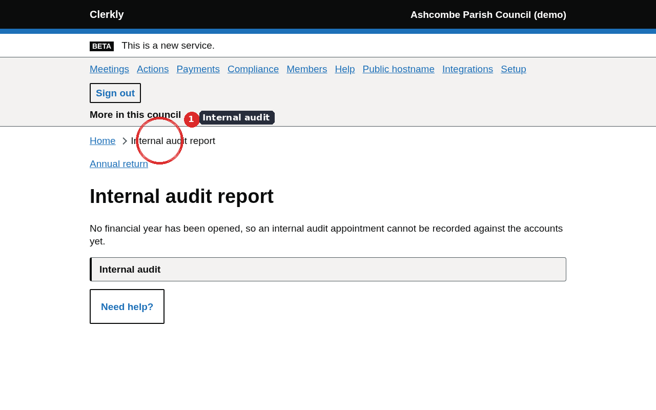 The internal audit page with appointment dates and English control objectives.