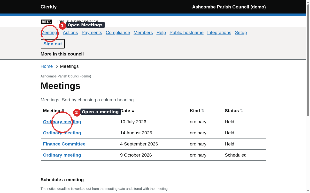 The meeting page showing the notice position before a date has been recorded.