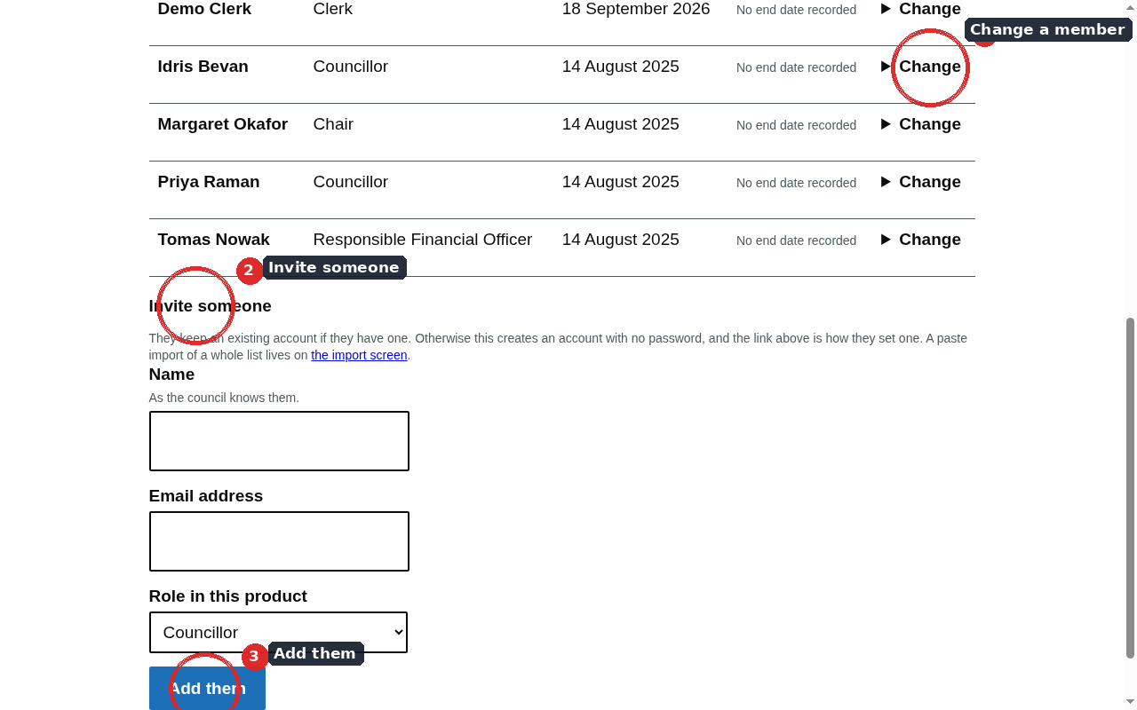 The members page with the invite form and the live membership list.
