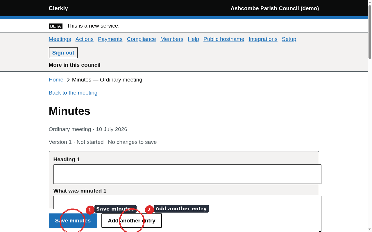 The minutes page with draft entries, attendance and a save control.