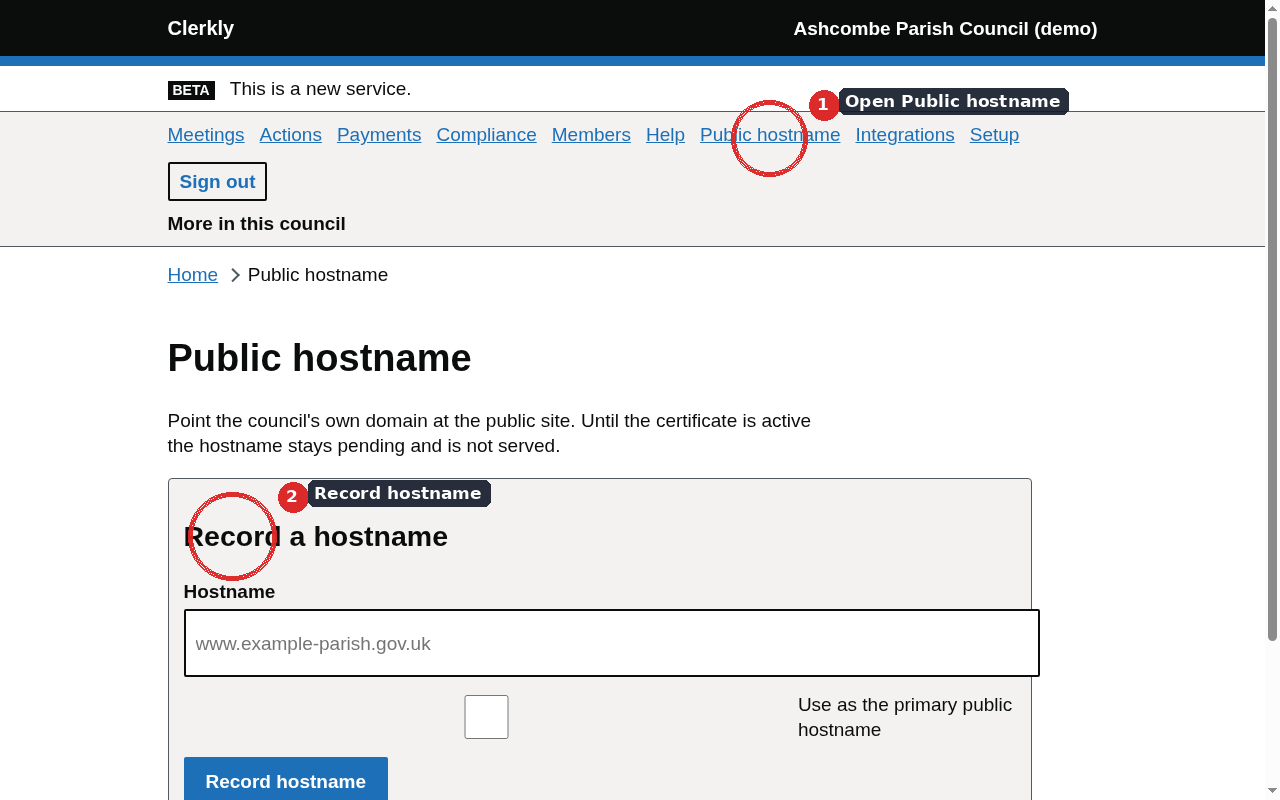 The public hostname page with DNS instructions and certificate status.